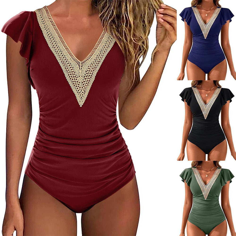 Women's solid colored flying sleeve one-piece swimsuit, simple and sexy fashionable swimsuit, bikini by eprolo