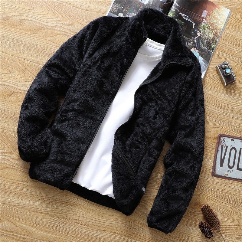 Men's Korean loose autumn and winter jacket, men's standing collar fleece jacket, double-sided fleece top by eprolo