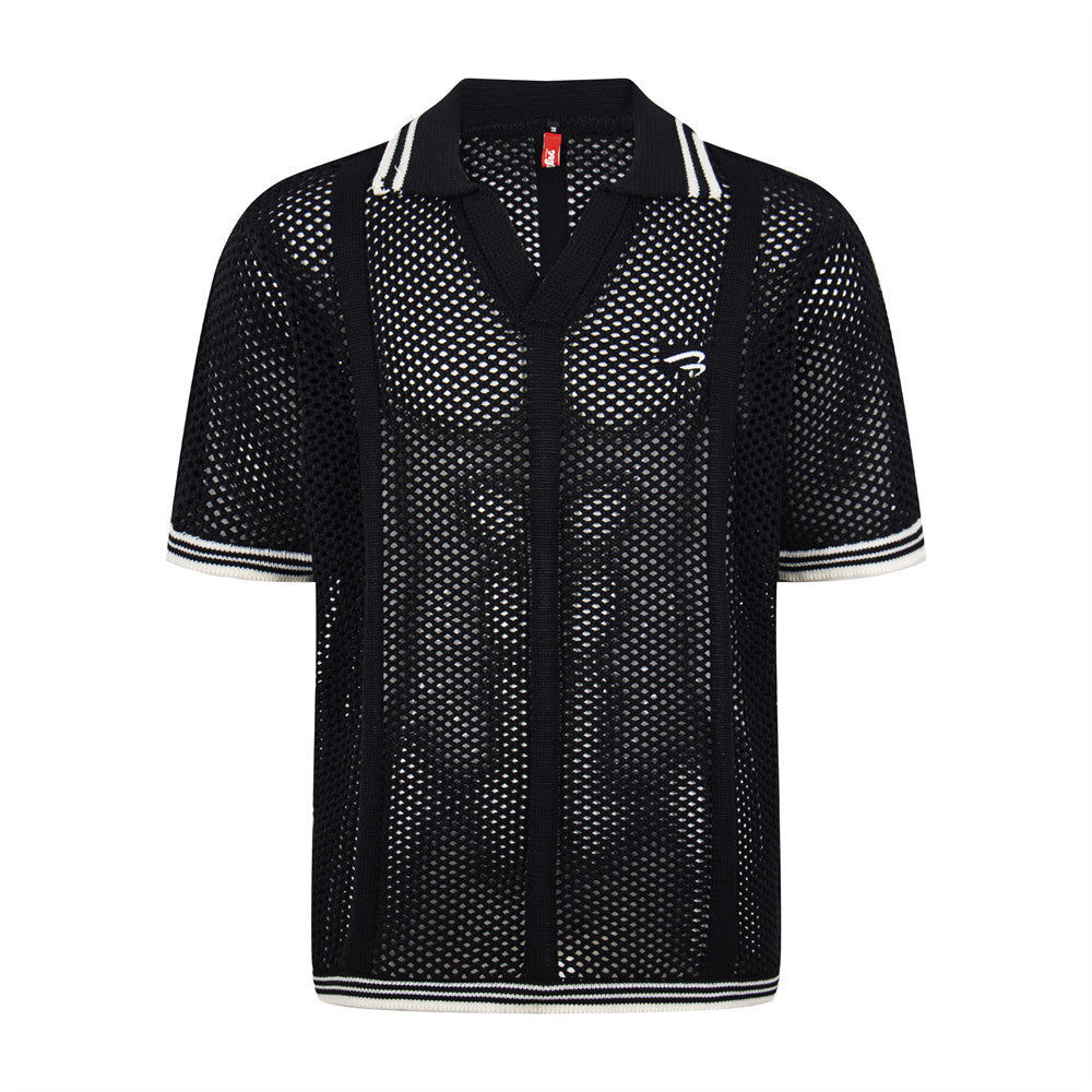 Hollow mesh V-neck polo shirt top by eprolo
