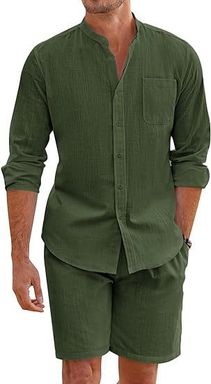 Casual Men's Summer Two-Piece Set Polyester Button-Up Long Sleeve Shirt and Shorts Cardigan Simple Leisure Beachwear by eprolo