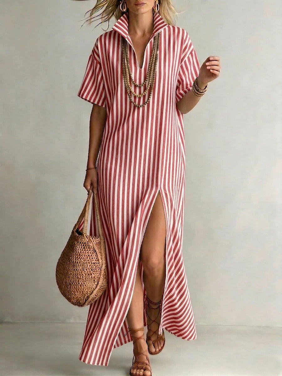 V-neck short sleeved striped split cotton linen dress by eprolo