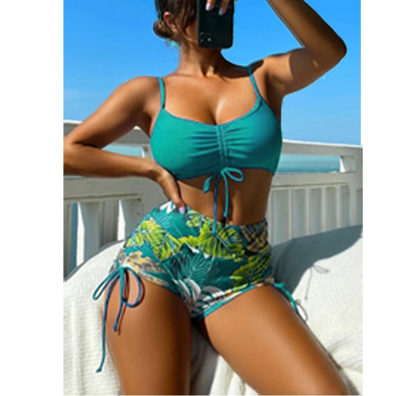 European and American Swimwear Women's Sexy Split Bikini High Waisted Conservative Bikini Leaf Swimwear