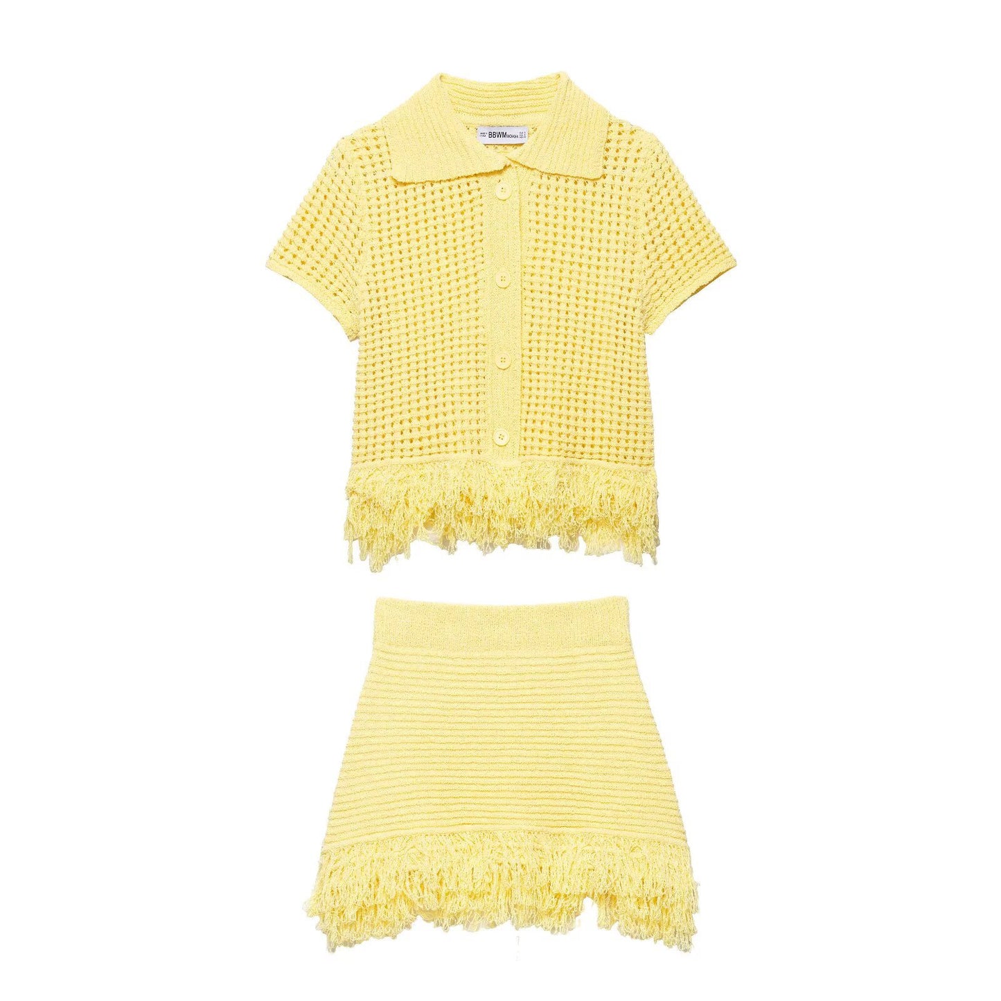Tassel embellished plaid knitted jacket+half skirt set by eprolo