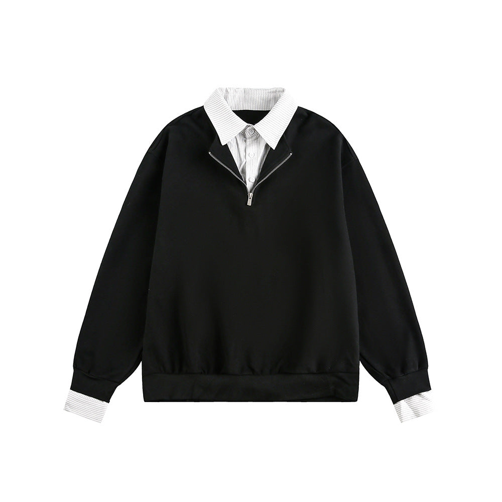 Checkered Spliced Mock Two-Piece Old Money Style Polo Neck Pullover Hoodie