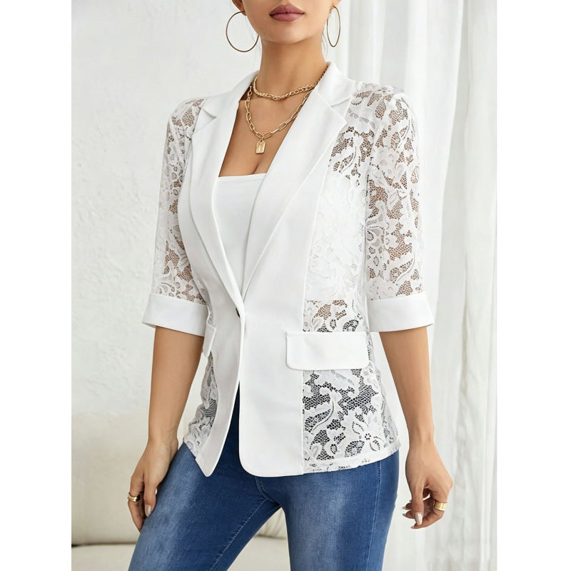 Solid color lace patchwork small suit jacket for women's top by eprolo