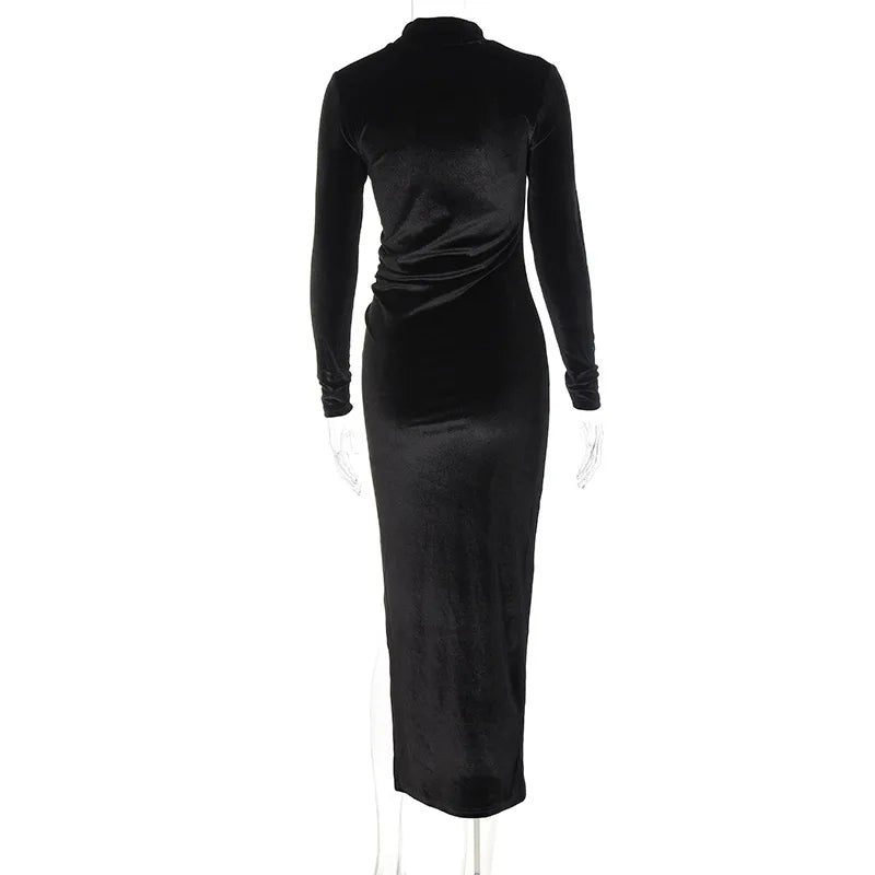 Women Solid Velvet Long Sleeve Ruched Midi Dress Side Slit Bodycon Streetwear Party Elegant Club by DERILUJA LLC