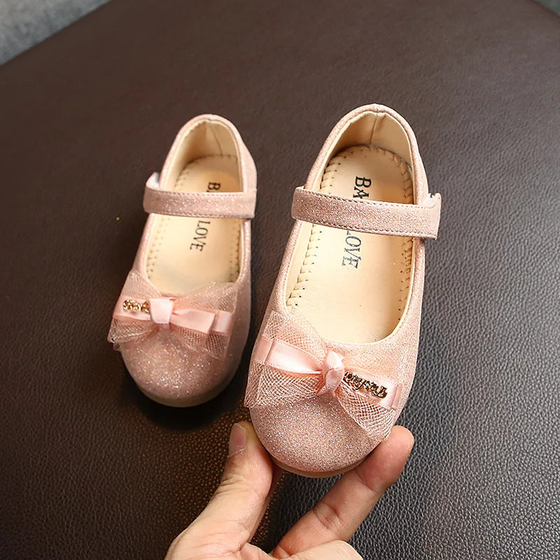 Kids Flats For Girls Shoes Toddlers Little Girl Children Dress Shoes Glitter Leather With Lace Bow-knot Princess Wedding Shoes by DERILUJA LLC