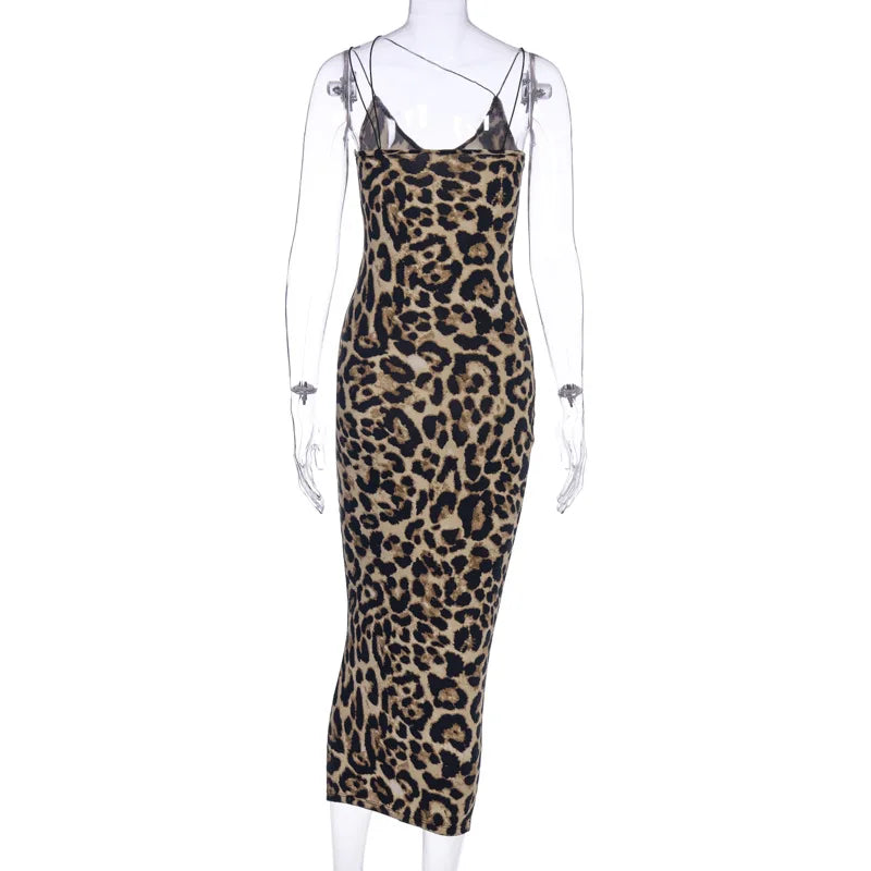 leopard print sleeveless V-neck midi dress spring women fashion streetwear by DERILUJA LLC
