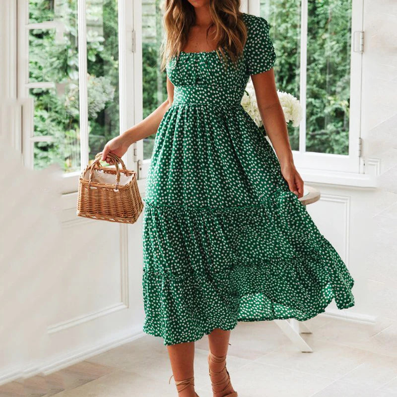 Vestidos Vintage Vintage Print Puff Sleeve summer Beach sweet dresses Casual Square collar floral maxi long dress festa by DERILUJA LLC