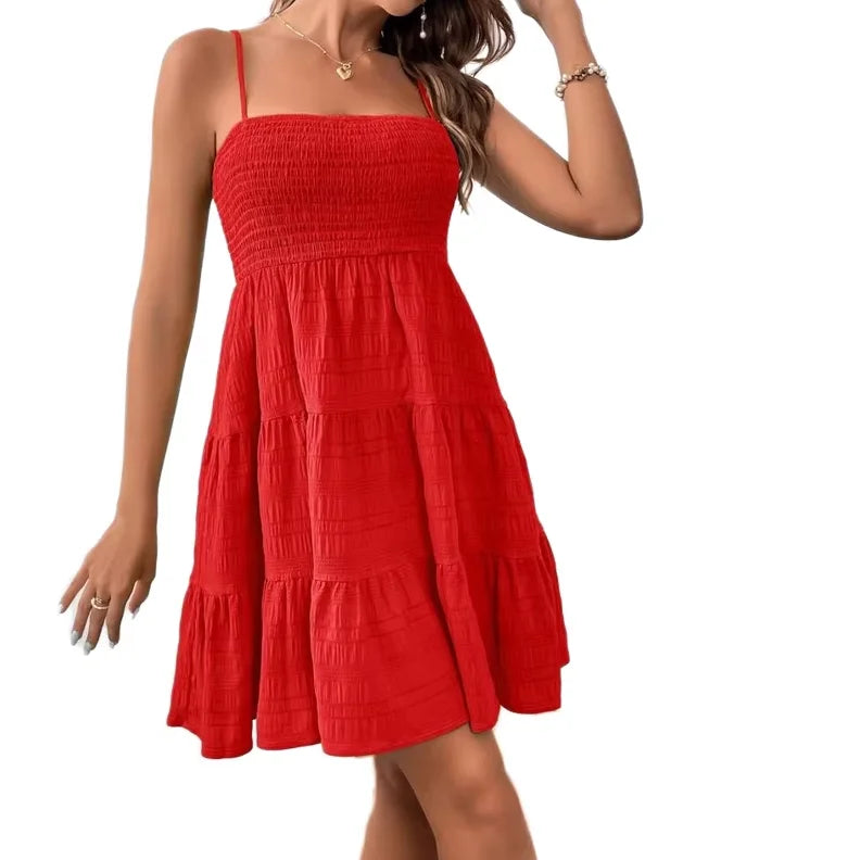 Women's Slim Fit Summer Dress Sexy Spicy Girl Streetwear with Woven Suspenders for Party or Tourist Visits Solid Color by DERILUJA LLC
