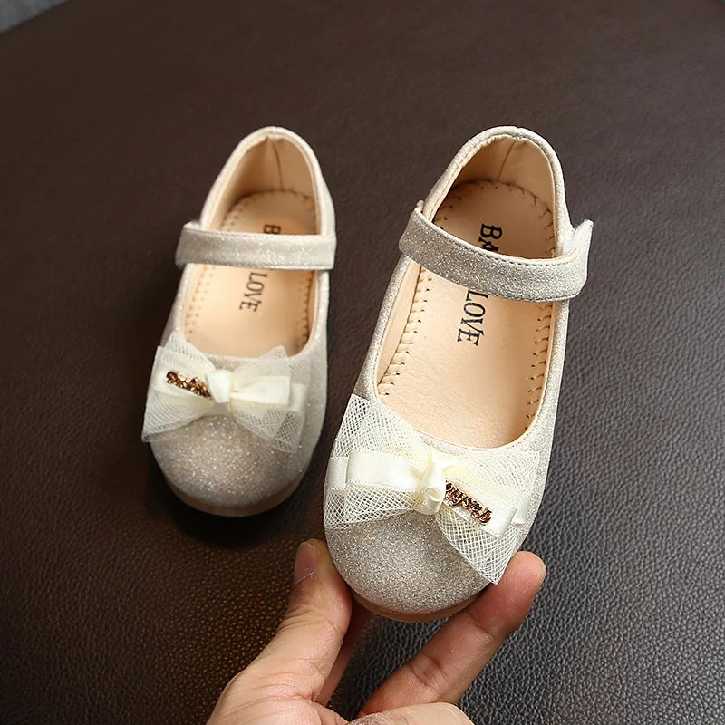 Kids Flats For Girls Shoes Toddlers Little Girl Children Dress Shoes Glitter Leather With Lace Bow-knot Princess Wedding Shoes by DERILUJA LLC