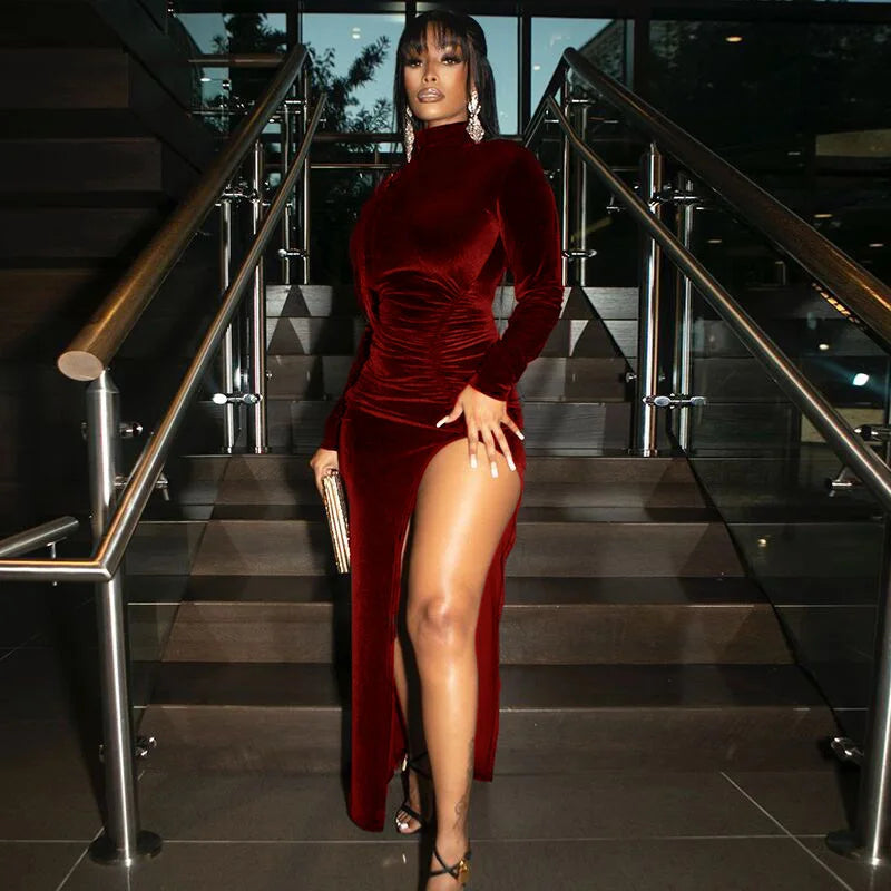 Women Solid Velvet Long Sleeve Ruched Midi Dress Side Slit Bodycon Streetwear Party Elegant Club by DERILUJA LLC