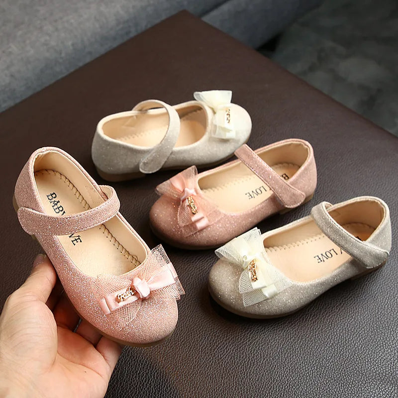 Kids Flats For Girls Shoes Toddlers Little Girl Children Dress Shoes Glitter Leather With Lace Bow-knot Princess Wedding Shoes by DERILUJA LLC