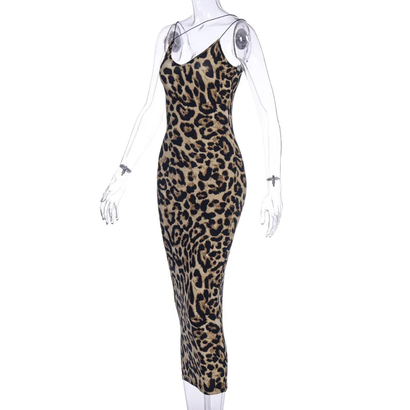 leopard print sleeveless V-neck midi dress spring women fashion streetwear by DERILUJA LLC
