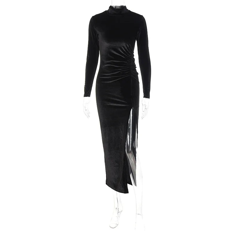 Women Solid Velvet Long Sleeve Ruched Midi Dress Side Slit Bodycon Streetwear Party Elegant Club by DERILUJA LLC