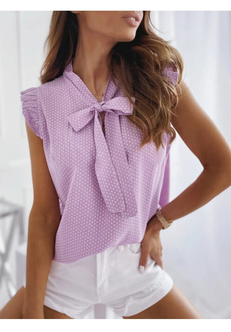 Women Summer Elegant Ruffles Sleeveless Polka Pot Lace Up Tie Bow Blouses and Shirts Casual Oversize Tops Pullover Tunic 2026 by DERILUJA LLC