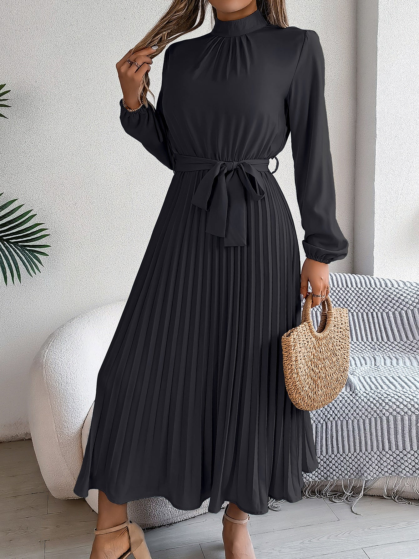 2026 European and American Spring/Summer Elegant Stand Collar Long Sleeve Waist-Cinched Pleated Long Dress Mini Dress Amazon Cross-Border Women's Clothing by DERILUJA LLC