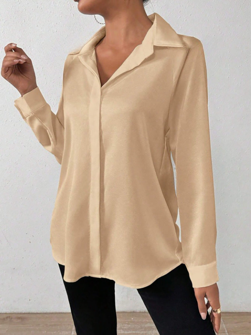 Cross-Border European and American Clothing Satin Shirt Women's Satin Imitation Silk Long-Sleeved Shirt European and American Export Cross-Border Women's Clothing by DERILUJA LLC
