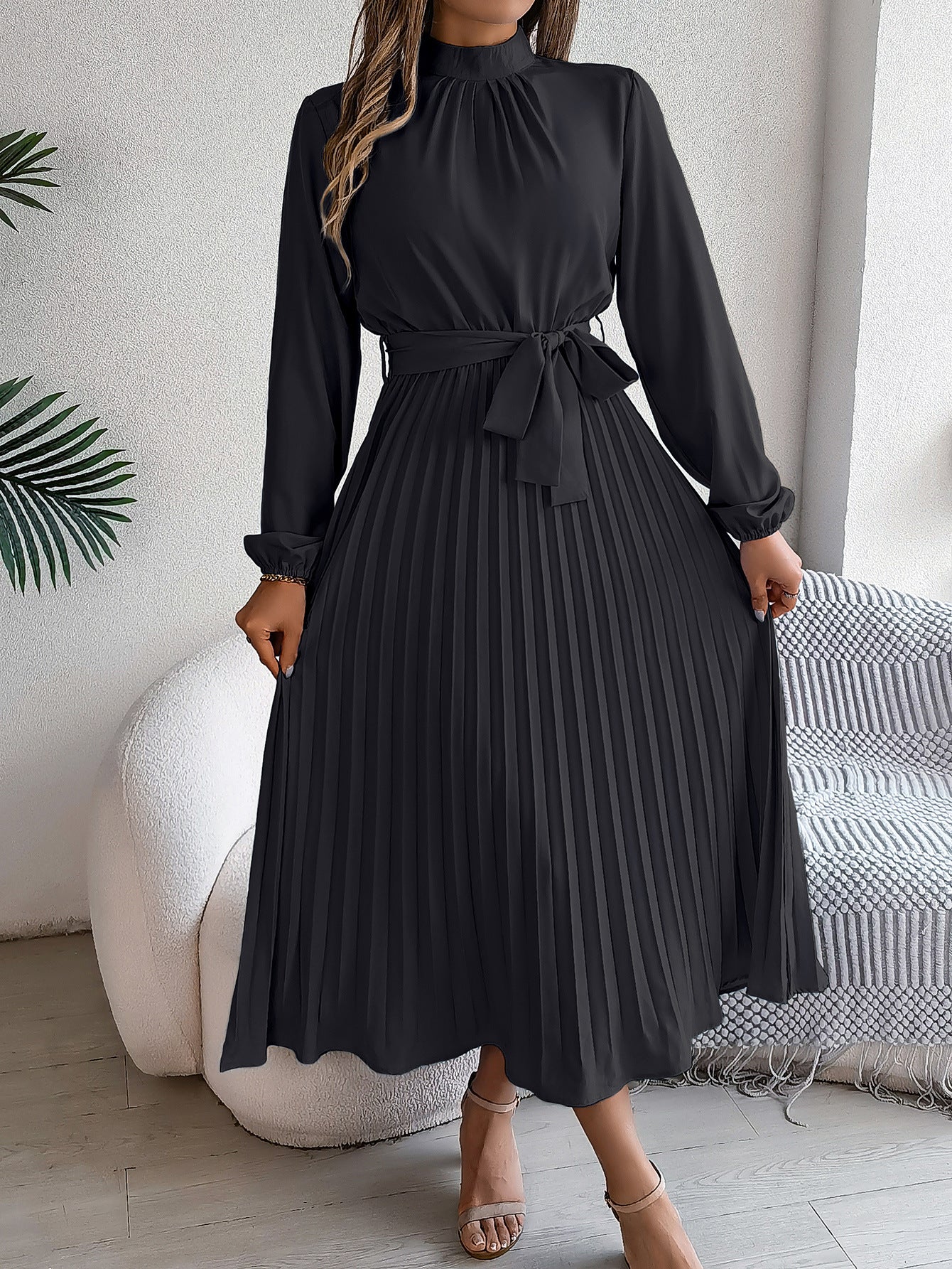 2026 European and American Spring/Summer Elegant Stand Collar Long Sleeve Waist-Cinched Pleated Long Dress Mini Dress Amazon Cross-Border Women's Clothing by DERILUJA LLC