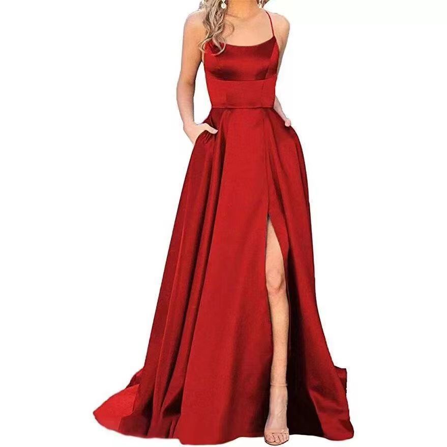 2023 Amazon European and American cross-border new bridesmaid dress long dress small tail strap solid color banquet evening dress by DERILUJA LLC