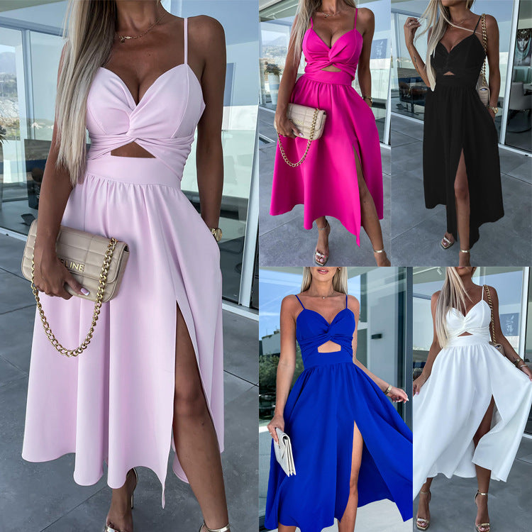 Europe and the United States cross-border foreign trade new women's Amazon suspenders V-neck large pendulum dress slim-fit backless mid-length dress by DERILUJA LLC