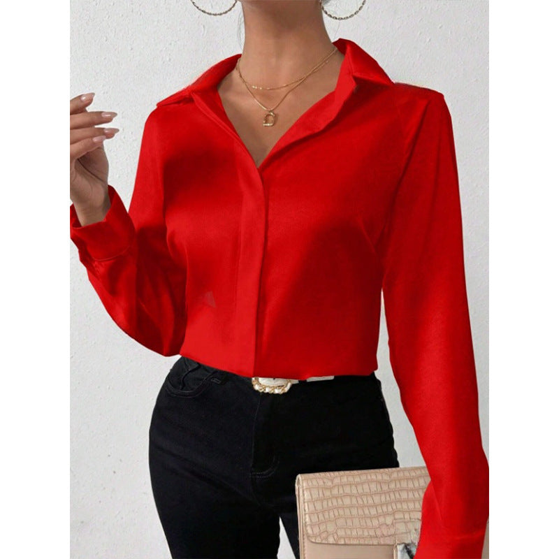 Cross-Border European and American Clothing Satin Shirt Women's Satin Imitation Silk Long-Sleeved Shirt European and American Export Cross-Border Women's Clothing by DERILUJA LLC
