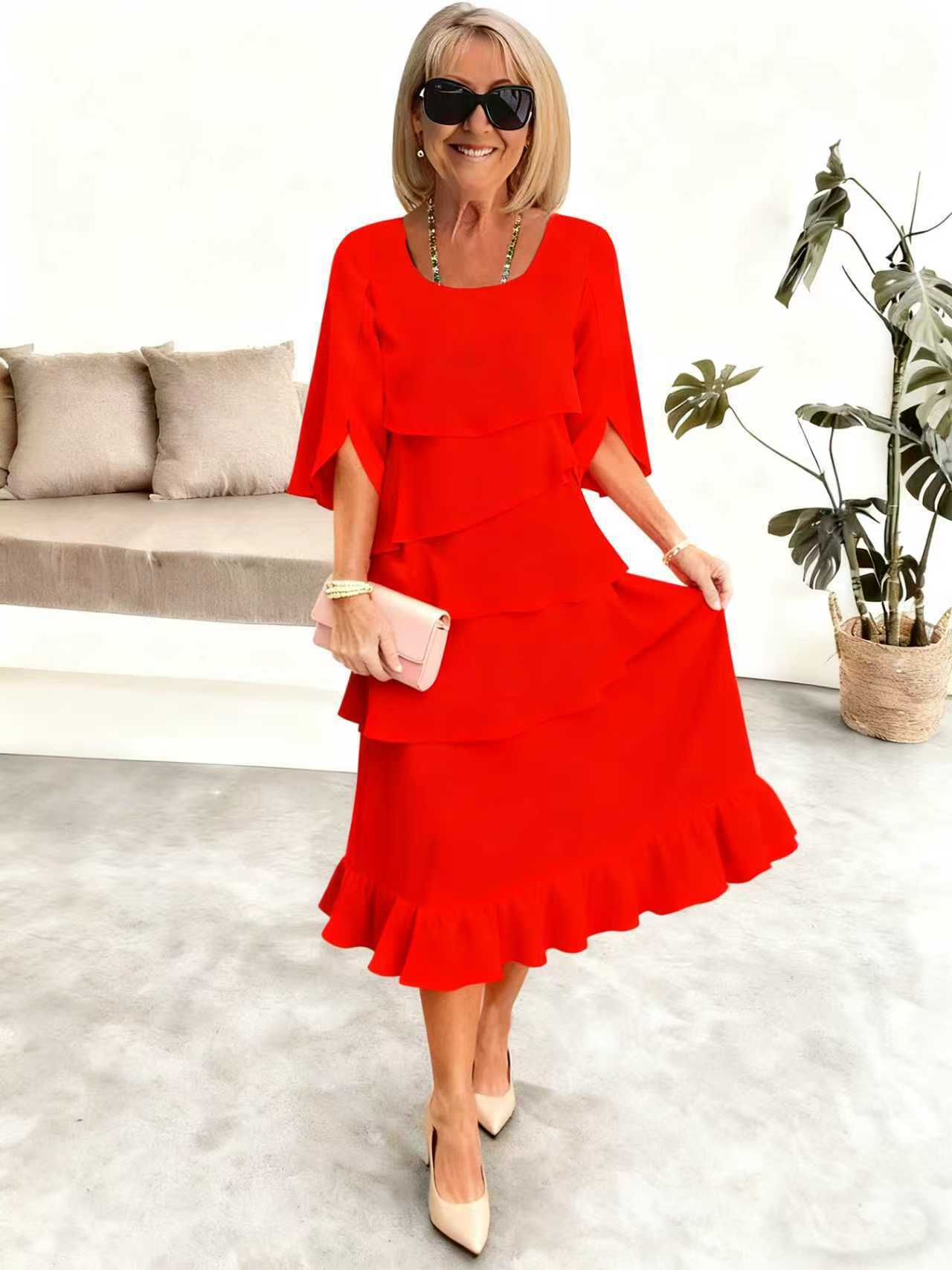 2025 New Amazon Foreign Trade Spring and Summer Fashion Cake Dress Women's Elegant Loose Slimming Round Neck Dress Women by DERILUJA LLC