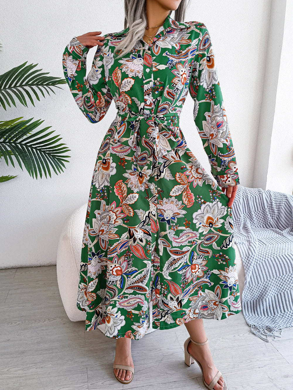 2026 Spring/Summer European and American Retro Floral Lapel Tie Shirt Dress Long Dress Amazon Cross-Border Women's Clothing by DERILUJA LLC