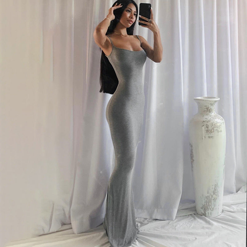 Sling dress European and American Women's High-end Sense Pure Desire Hip Skirt Sexy Slim-fit Milk Silk Long Fishtail Skirt by DERILUJA LLC