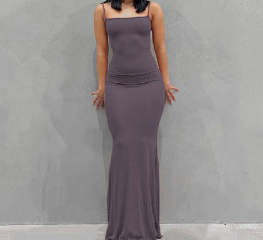 Sling dress European and American Women's High-end Sense Pure Desire Hip Skirt Sexy Slim-fit Milk Silk Long Fishtail Skirt by DERILUJA LLC