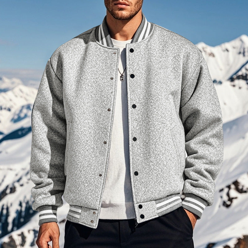 Cross-Border Men's Autumn and Winter Fleece American Retro Baseball Jacket Loose Casual Stand Collar Single-Breasted Men's Coat by DERILUJA LLC