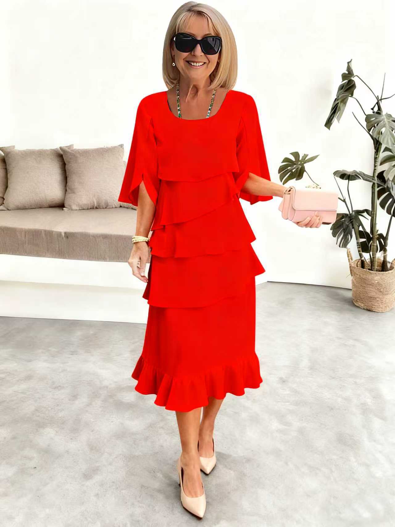 2025 New Amazon Foreign Trade Spring and Summer Fashion Cake Dress Women's Elegant Loose Slimming Round Neck Dress Women by DERILUJA LLC