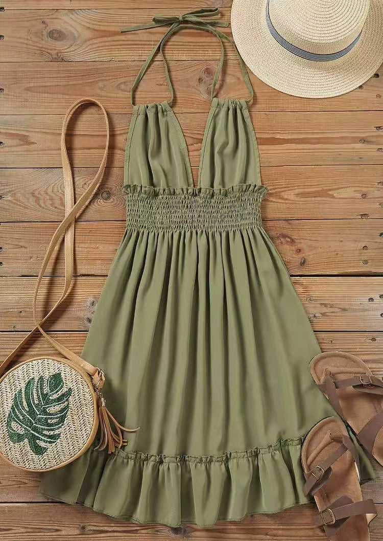 European and American Amazon Cross-Border Popular Women's Clothing Deep V Rope Suspender Parallel Pleated Sexy Dress Beach Degree by DERILUJA LLC