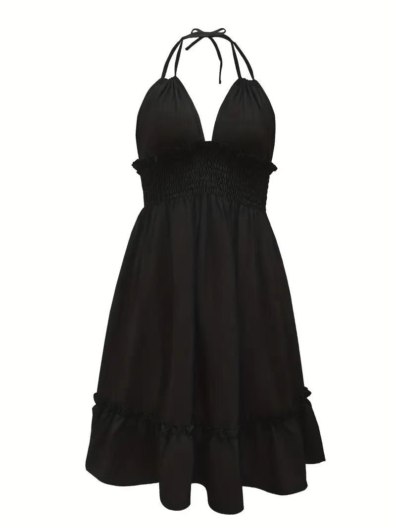 European and American Amazon Cross-Border Popular Women's Clothing Deep V Rope Suspender Parallel Pleated Sexy Dress Beach Degree by DERILUJA LLC