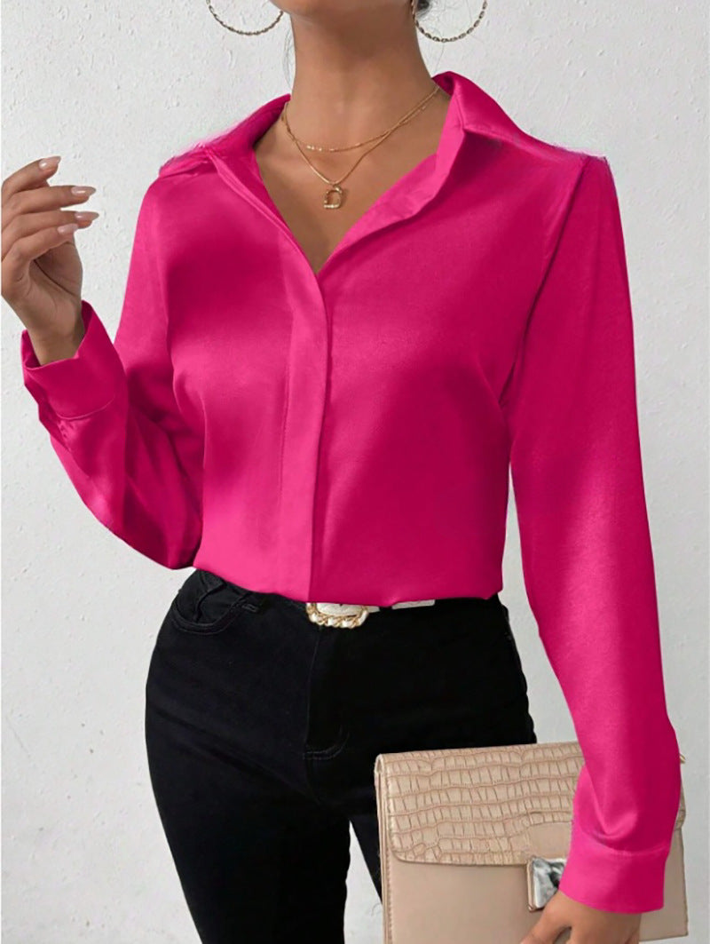 Cross-Border European and American Clothing Satin Shirt Women's Satin Imitation Silk Long-Sleeved Shirt European and American Export Cross-Border Women's Clothing by DERILUJA LLC