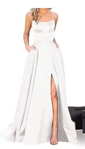 2023 Amazon European and American cross-border new bridesmaid dress long dress small tail strap solid color banquet evening dress by DERILUJA LLC