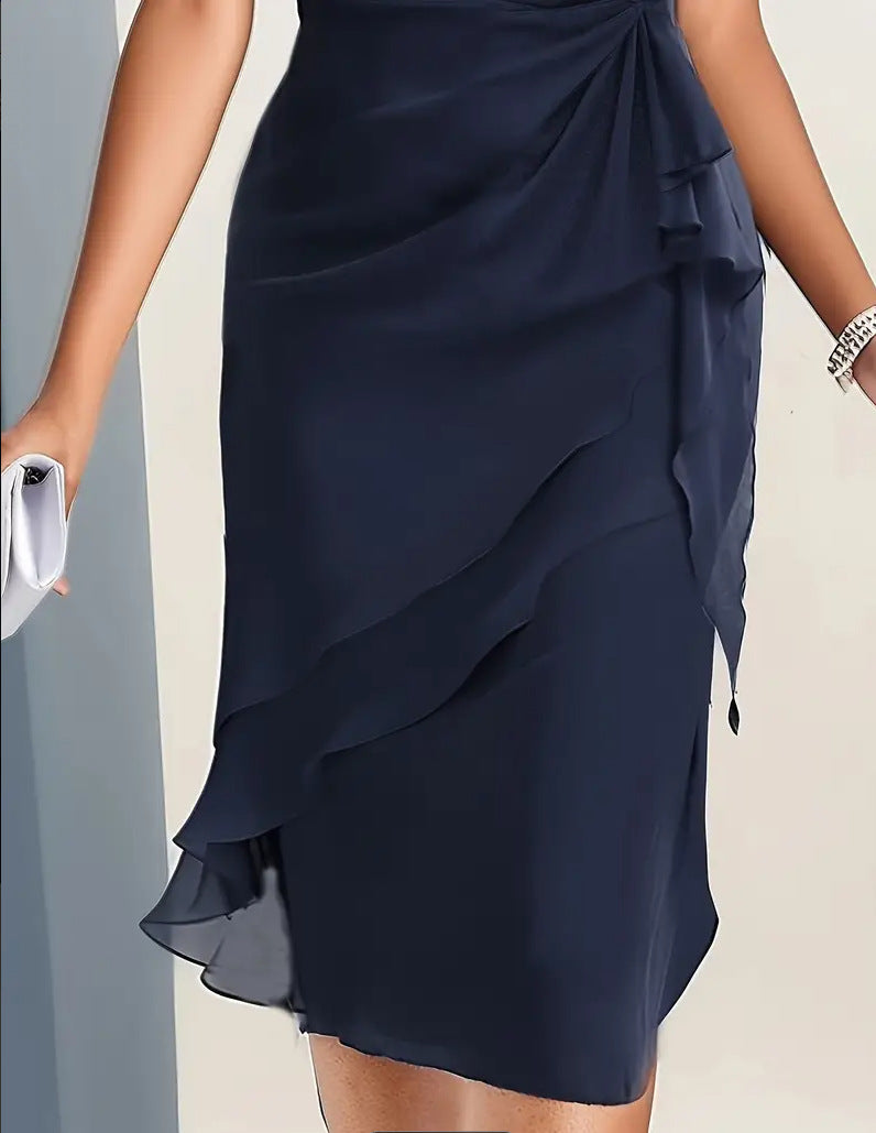 Cross-border independent station new 2025 summer dress stitching chiffon crew neck short sleeve dress by DERILUJA LLC