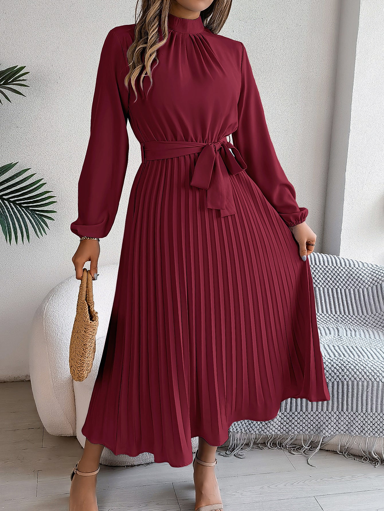 2026 European and American Spring/Summer Elegant Stand Collar Long Sleeve Waist-Cinched Pleated Long Dress Mini Dress Amazon Cross-Border Women's Clothing by DERILUJA LLC