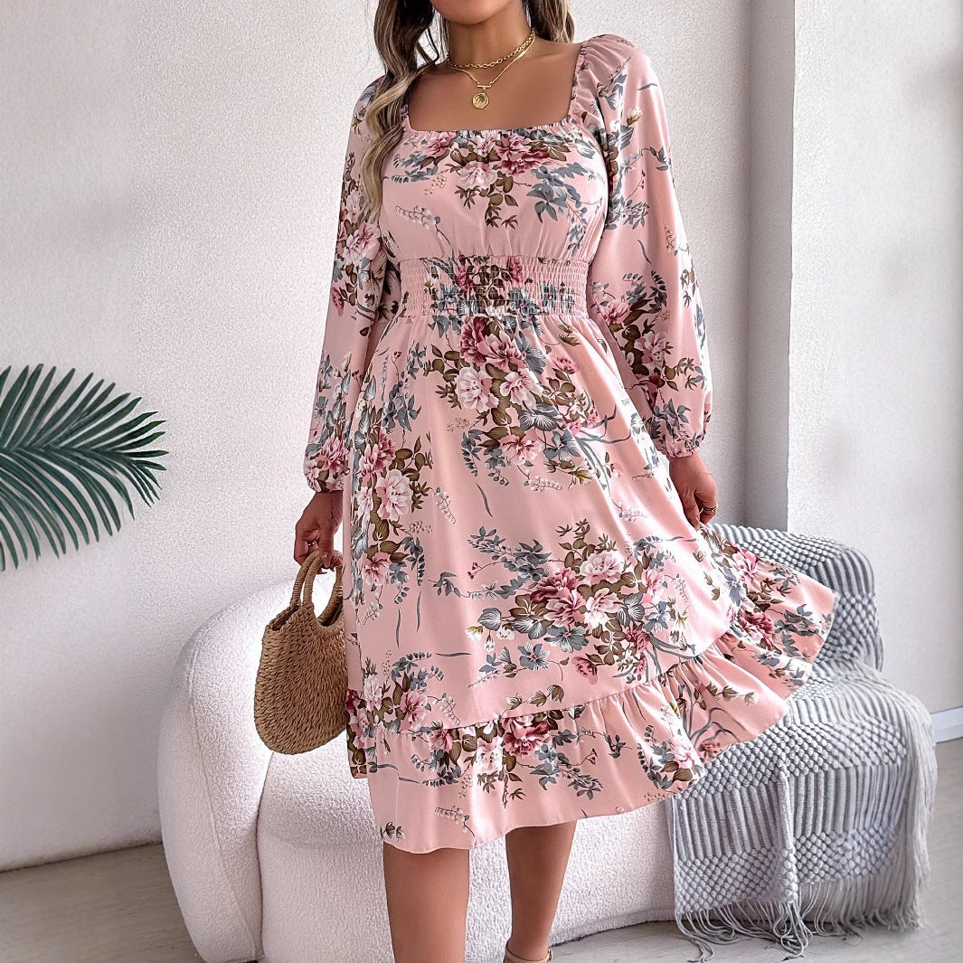 Real shot spring and summer European and American elegant flower square collar long sleeve waist ruffled A- line skirt independent station cross-border women's clothing by DERILUJA LLC