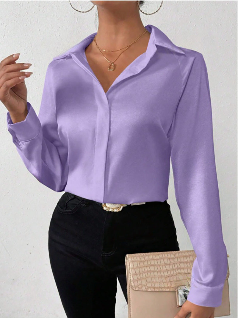 Cross-Border European and American Clothing Satin Shirt Women's Satin Imitation Silk Long-Sleeved Shirt European and American Export Cross-Border Women's Clothing by DERILUJA LLC
