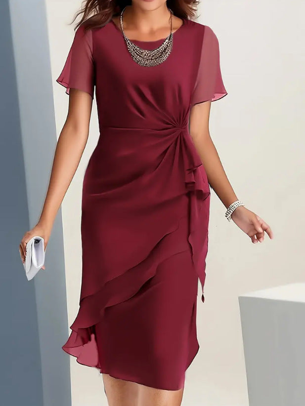 Cross-border independent station new 2025 summer dress stitching chiffon crew neck short sleeve dress by DERILUJA LLC