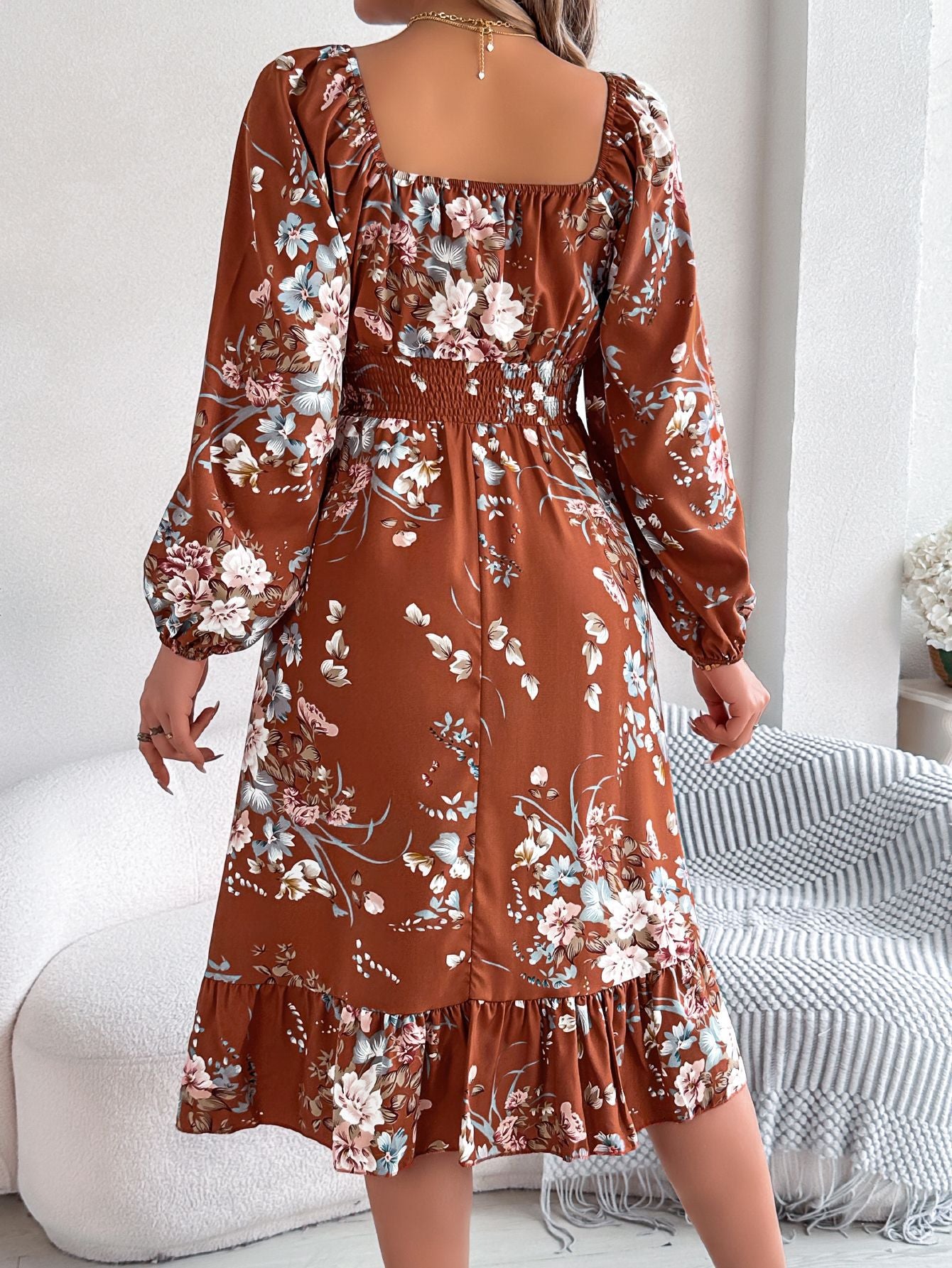 Real shot spring and summer European and American elegant flower square collar long sleeve waist ruffled A- line skirt independent station cross-border women's clothing by DERILUJA LLC