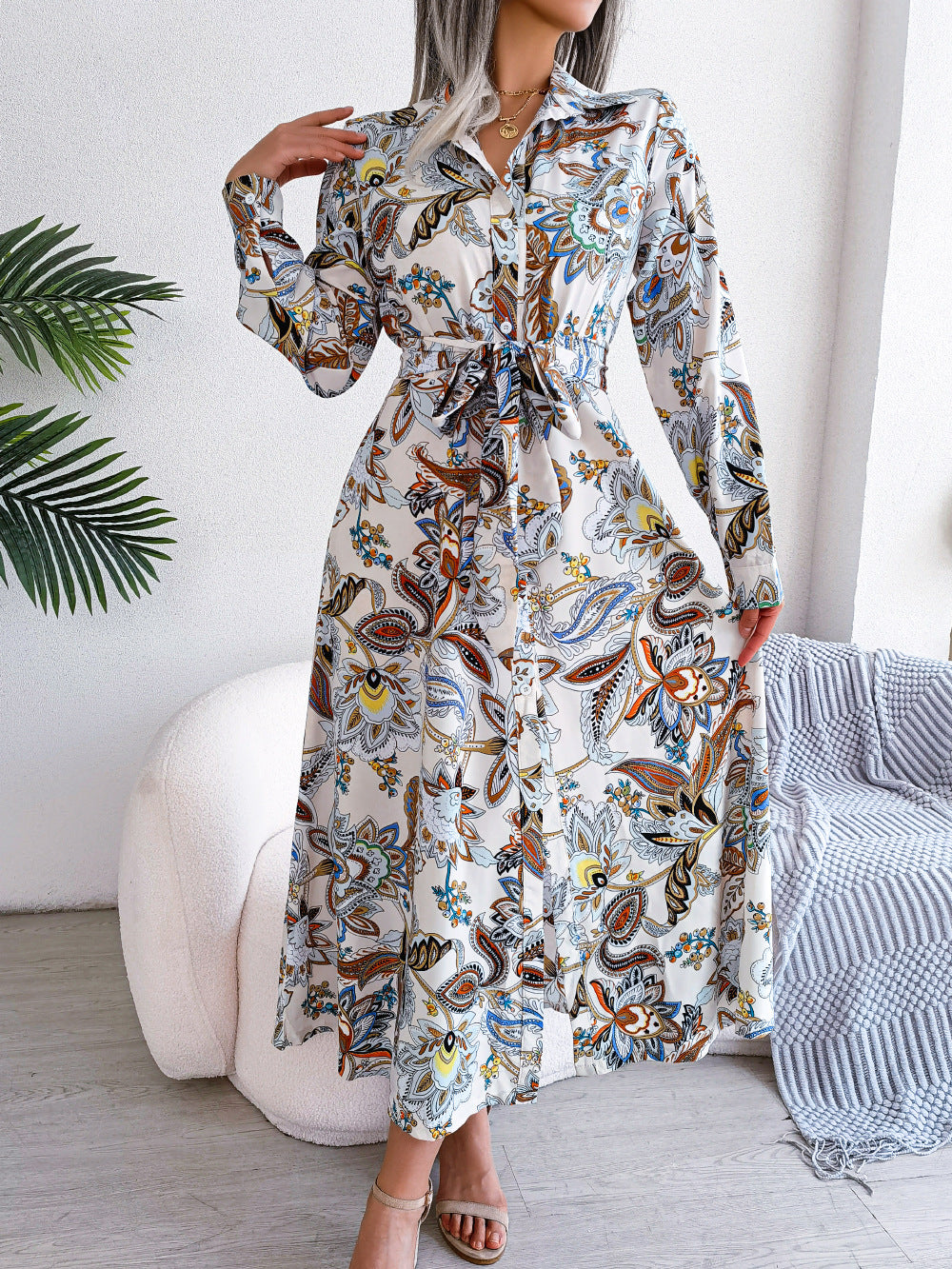 2026 Spring/Summer European and American Retro Floral Lapel Tie Shirt Dress Long Dress Amazon Cross-Border Women's Clothing by DERILUJA LLC