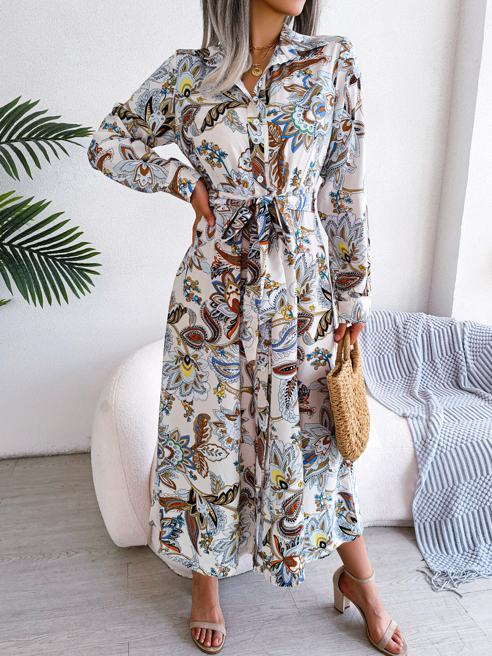 2026 Spring/Summer European and American Retro Floral Lapel Tie Shirt Dress Long Dress Amazon Cross-Border Women's Clothing by DERILUJA LLC