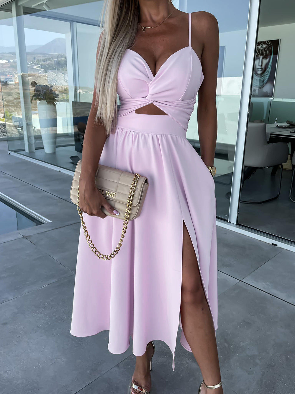 Europe and the United States cross-border foreign trade new women's Amazon suspenders V-neck large pendulum dress slim-fit backless mid-length dress by DERILUJA LLC
