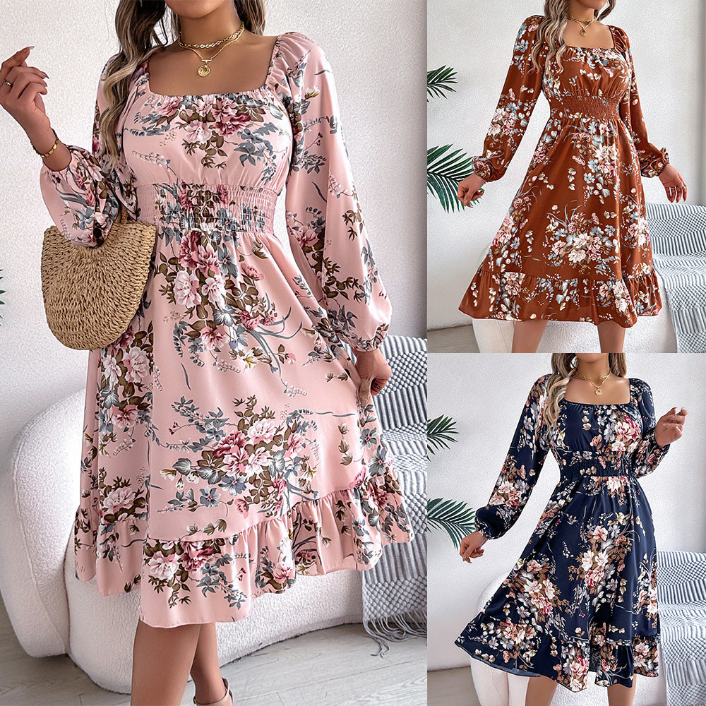Real shot spring and summer European and American elegant flower square collar long sleeve waist ruffled A- line skirt independent station cross-border women's clothing by DERILUJA LLC
