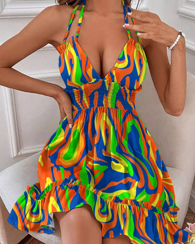 European and American Amazon Cross-Border Popular Women's Clothing Deep V Rope Suspender Parallel Pleated Sexy Dress Beach Degree by DERILUJA LLC