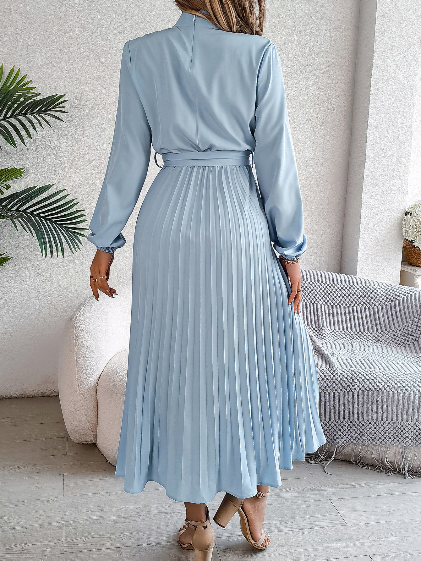 2026 European and American Spring/Summer Elegant Stand Collar Long Sleeve Waist-Cinched Pleated Long Dress Mini Dress Amazon Cross-Border Women's Clothing by DERILUJA LLC