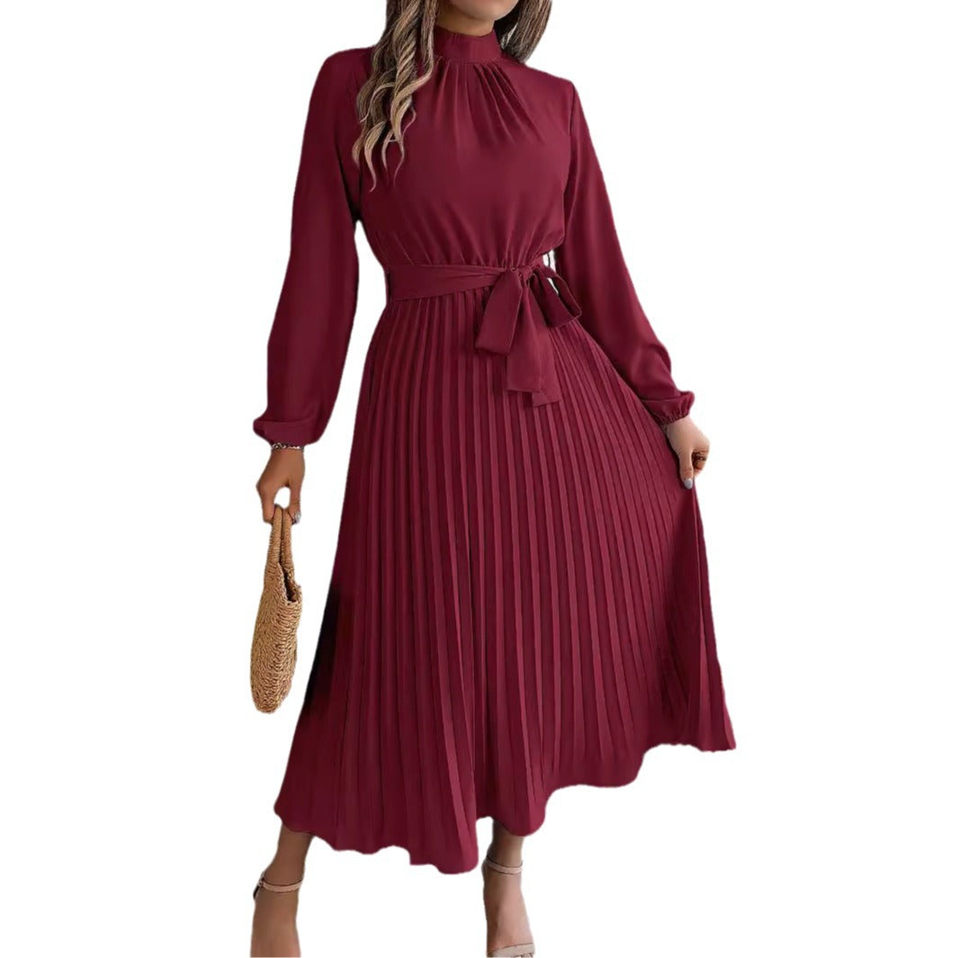 2026 European and American Spring/Summer Elegant Stand Collar Long Sleeve Waist-Cinched Pleated Long Dress Mini Dress Amazon Cross-Border Women's Clothing by DERILUJA LLC