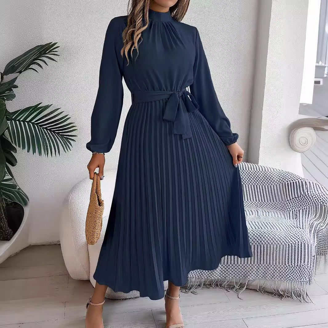 2026 European and American Spring/Summer Elegant Stand Collar Long Sleeve Waist-Cinched Pleated Long Dress Mini Dress Amazon Cross-Border Women's Clothing by DERILUJA LLC